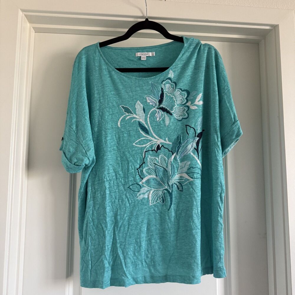 NWOT Chicos sz 4 20 22 XXL 100% linen top summer beach turquoise floral